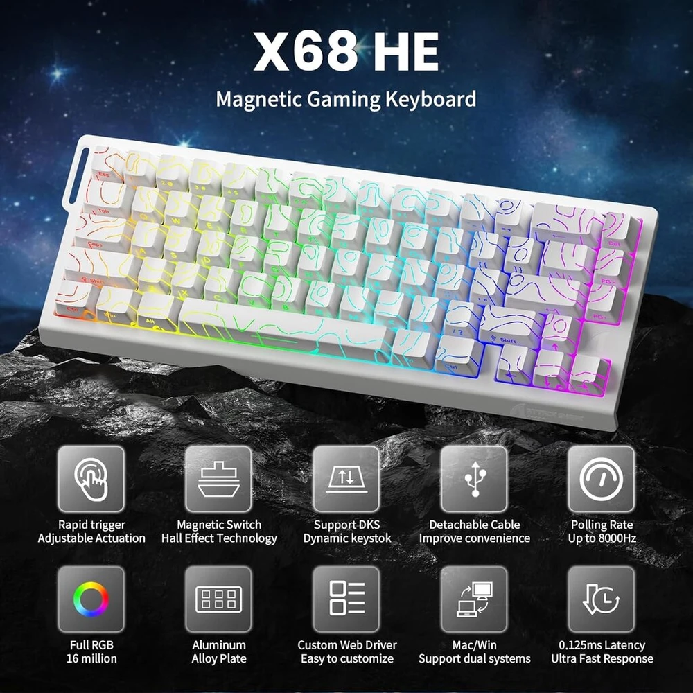 Mambasnake x Attack Shark X68he mechaninė klaviatūra su Rapid Trigger Magnetic Switch, 0,01 mm reguliuojamas aktyvavimas, laidinė 60% žaidimų klaviatūra su spiraliniu kabeliu, 8 Khz, Socd (baltas Contours)