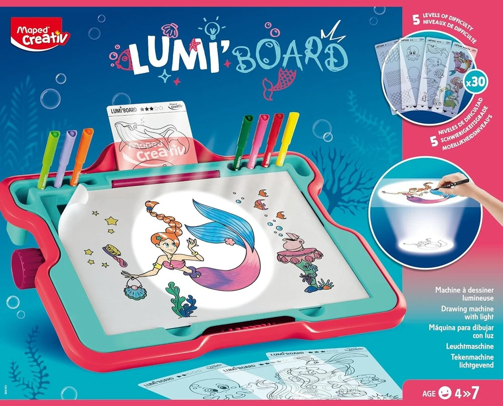 Maped Creativ Lumi Board – tema „po vandeniu“ – alternatorius, skirtas mokytis piešti – 63 dalių rinkinys, kūrybinis žaislas vaikams nuo 4 metų