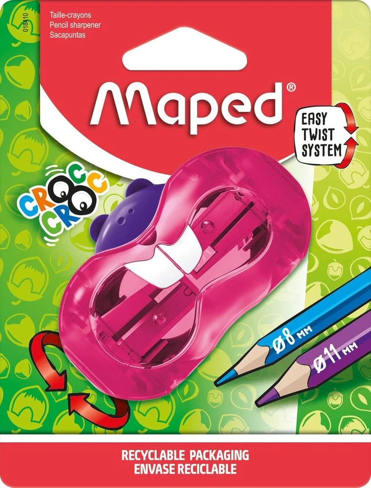 Maped - croc croc twist bieber drožtukas - 2 dydžių pieštukams - su atliekų dėžute - atsitiktinė spalva