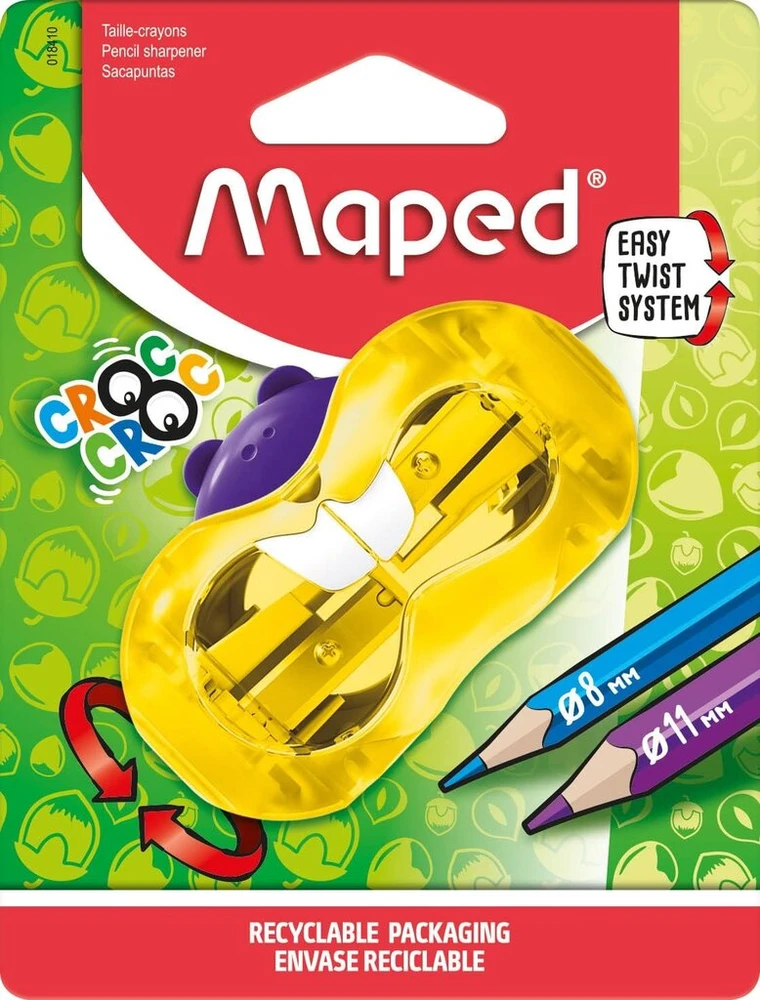 Maped - croc croc twist bieber drožtukas - 2 dydžių pieštukams - su atliekų dėžute - atsitiktinė spalva
