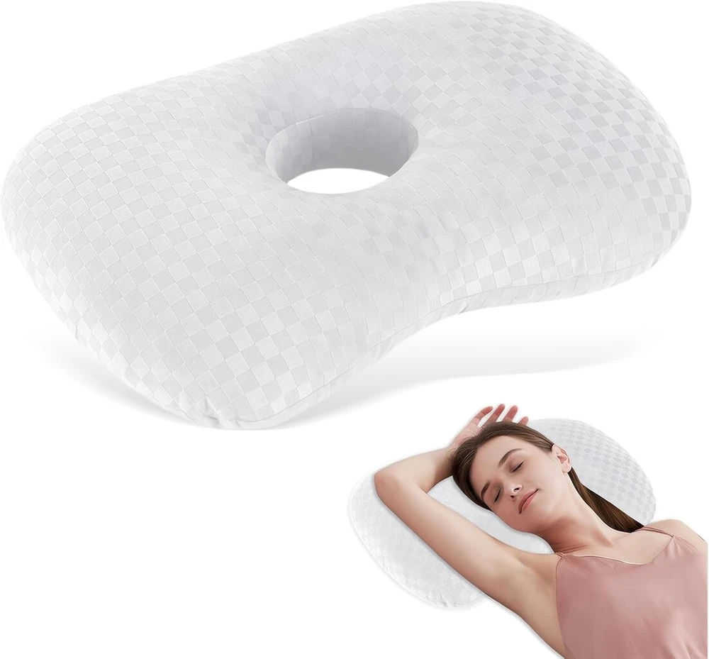 Mapille pagalvė po auskarų vėrimo, 44 x 32 x 8 cm, spurgos formos pagalvė su 10 cm skyle, didelis užpildymo aukštis, ergonomiška priežiūra po auskarų vėrimo, atstatomoji pagalvė miegui ant šono, ausis apsaugota nuo ausų skausmo (balta)