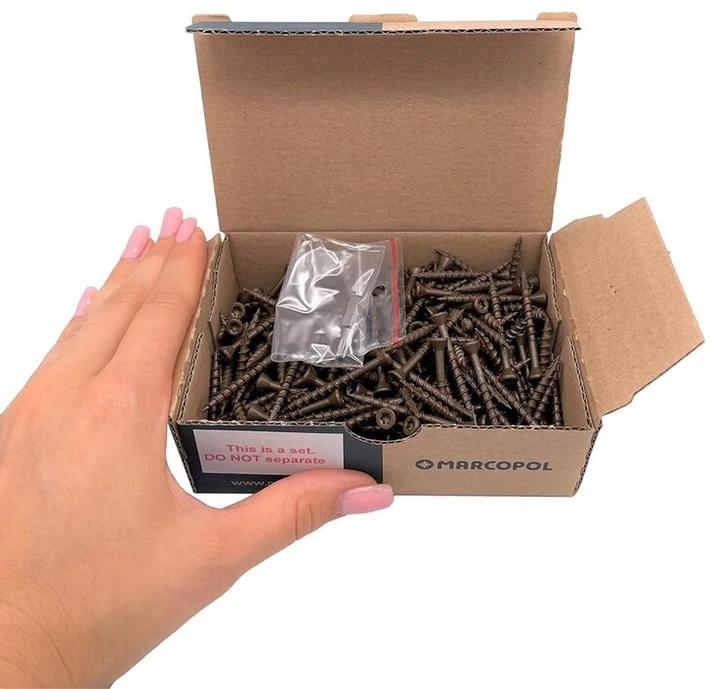 Marcopol (250 vnt.) rudi, antikorozine danga, 4,2 x 45 mm medinės terasos varžtai, medvaržčiai, torx galvutės tipas 17, įleidžiamas išorinis varžtas (250, 4,2 x 45 mm)