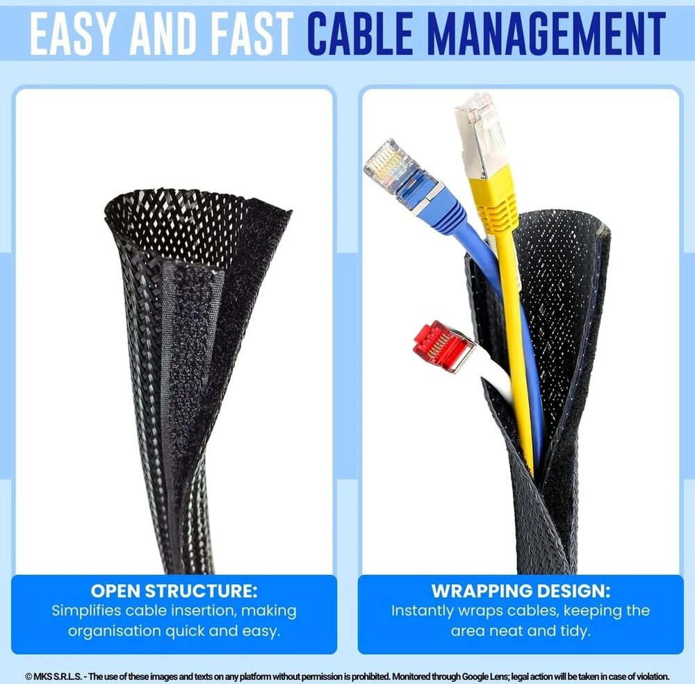 Marketconnect® Pintas kabelių apvalkalas su velcro užsegimu, skersmuo 32 mm, ilgis 8 m, idealiai tinka kabelių organizavimui ir apsaugai, puikiai tinka prie stalo ir televizoriaus, juodas