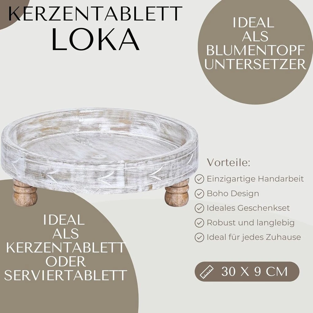 Marrakech boho dekoratyvinis padėklas apvalus medinis 30 x 9 cm | loka serviravimo lėkštė kaip dekoratyvinė stalo puošmena virtuvei ir svetainei | vintažinis pusryčių padėklas stačiakampis miegamajam