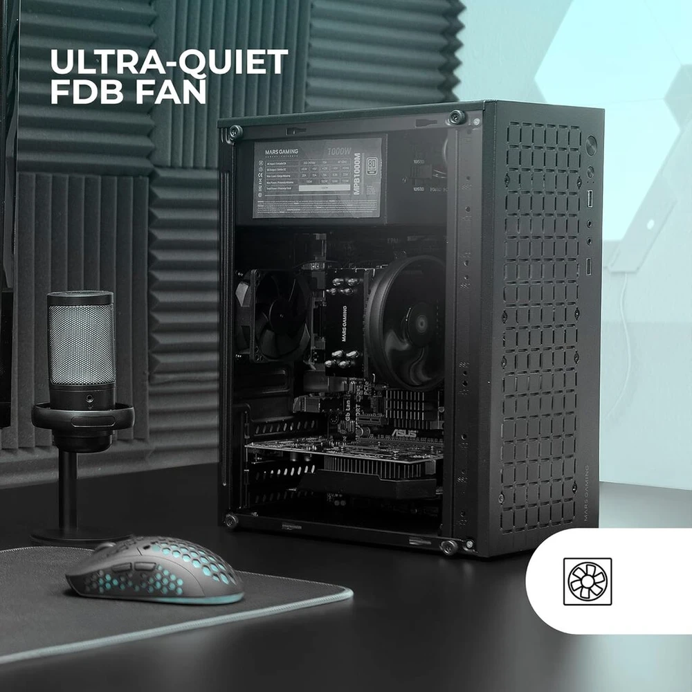 Mars Gaming Mc-1000 Kompaktiškas Microatx korpusas, metalinio tinklelio priekinis dizainas, pilnas šoninis langas, 1 x itin tylus, 80 mm Fdb ventiliatorius, juodas