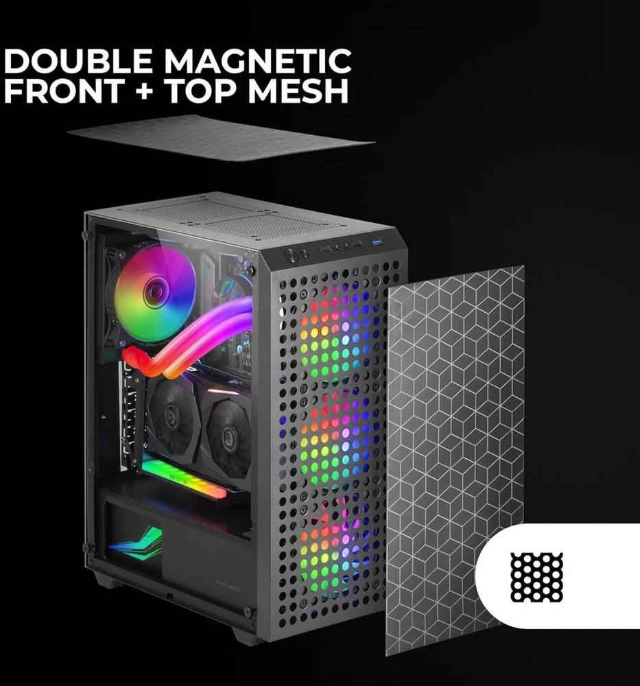 Mars Gaming Mc-mag Atx žaidimų kompiuterio korpusas, pilnai dengtas stiklo šoninis skydelis, dvigubas magnetinis, dulkėms atsparios priekinės ir viršutinės grotelės, 3 x 120 mm Frgb ventiliatoriai, 360 mm skysčio aušinimo palaikymas, juodas