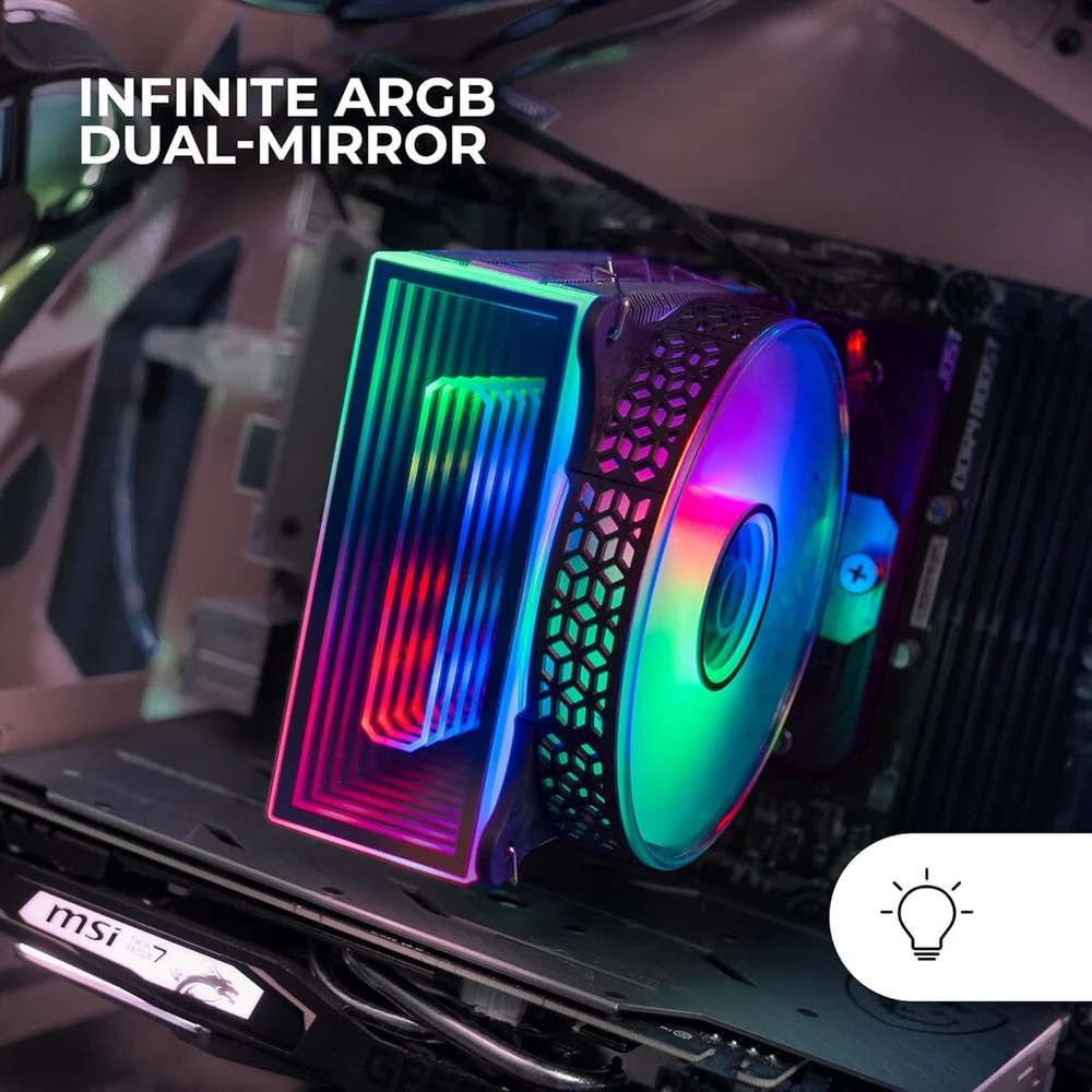 Mars Gaming Mcpu-vr Juodas, Cpu aušintuvas, Dual Infinity Mirror Argb, 4 Hct šiluminiai vamzdeliai, 180w Tdp, itin tylus Pwm 12 cm ventiliatorius