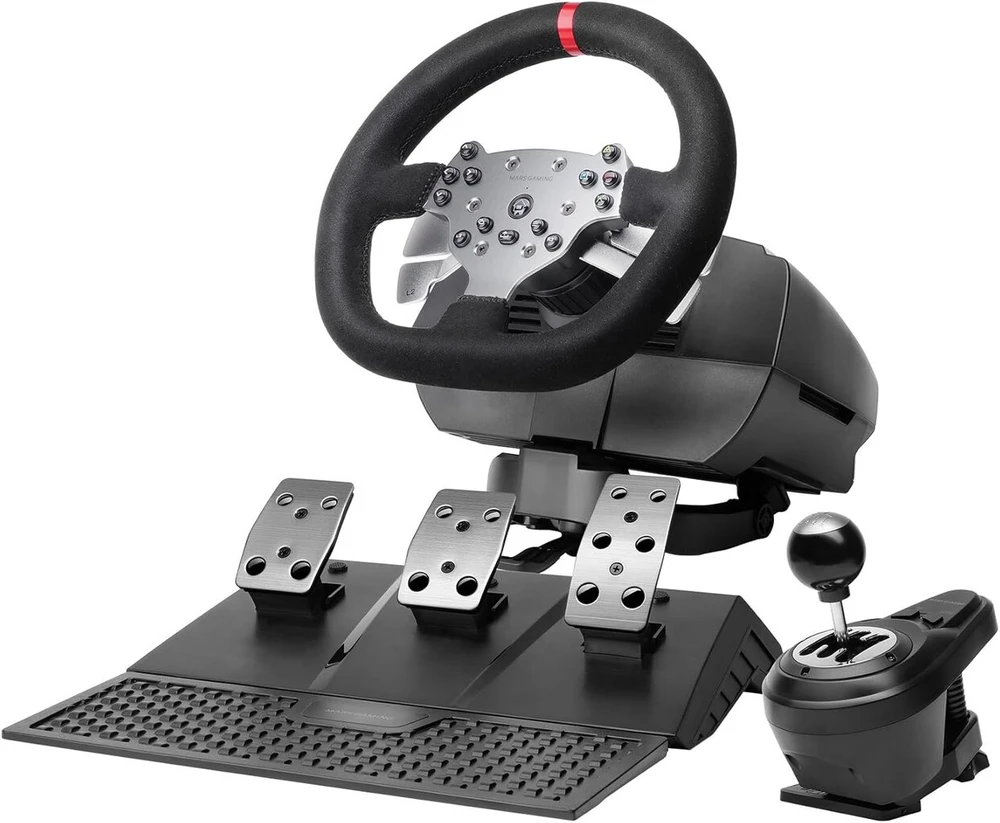 Mars gaming mwh-rsx simracing vairas su force feedback ir dvigubu varikliu, 3 pedalų komplektas su progresyviu pasipriešinimu, 12 greičių h pavaros, 14 reguliuojamų mygtukų, pc/ps4/XBOX series x s