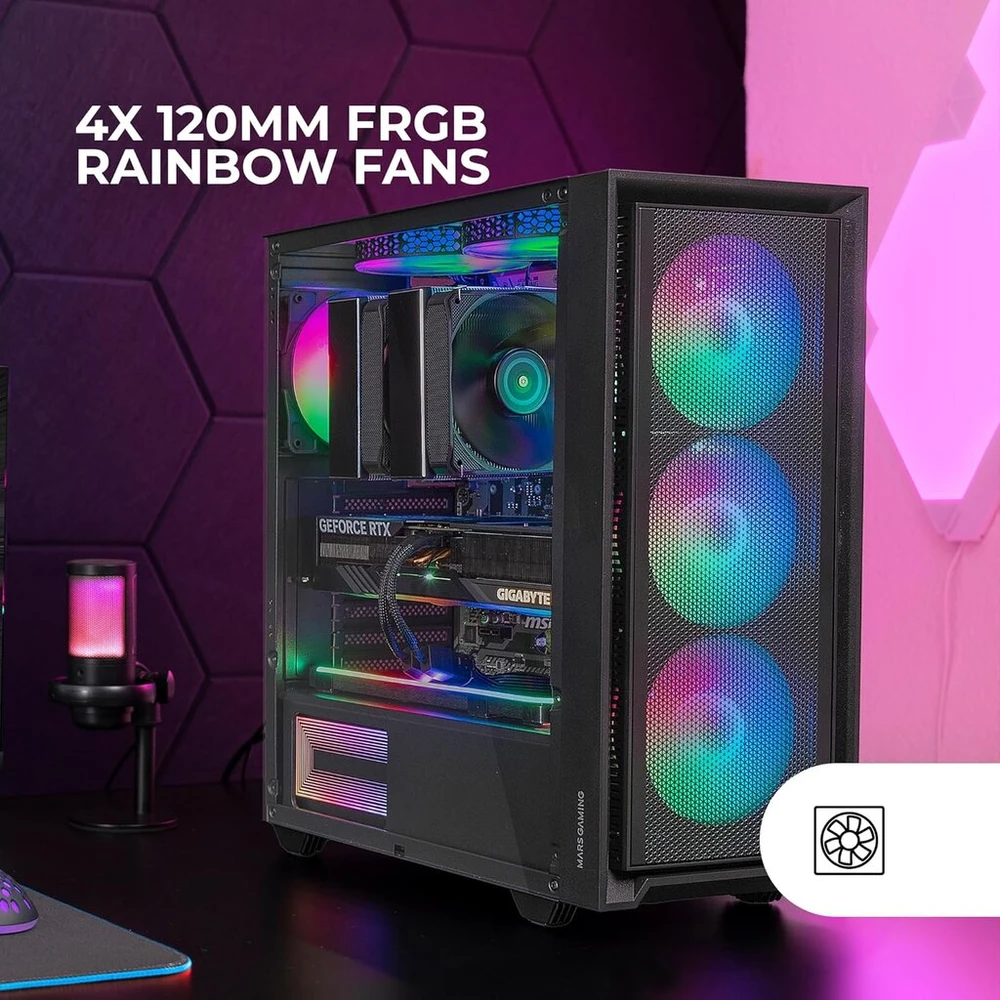 Marsgaming mc-air, atx korpusas, 4 x frgb rainbow 120 mm ventiliatoriai, tinklinis priekinis skydelis, pilnas grūdinto stiklo šoninis langas, dvigubos kameros sistema, palaiko vandens aušinimą, juodas