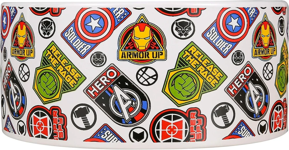 Marvel Comics Avengers keramikinis šuns dubuo 6" baltas keramikinis šuns dubuo su oficialiais Marvel Avengers personažais ir logotipu, vidutinio dydžio maisto arba vandens dubuo sausam ir šlapiam maistui