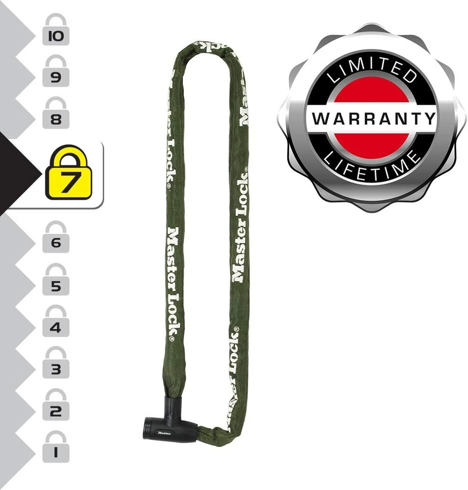 Master Lock 8 mm x 1000 mm grandinė su integruota raktine spyna - khaki