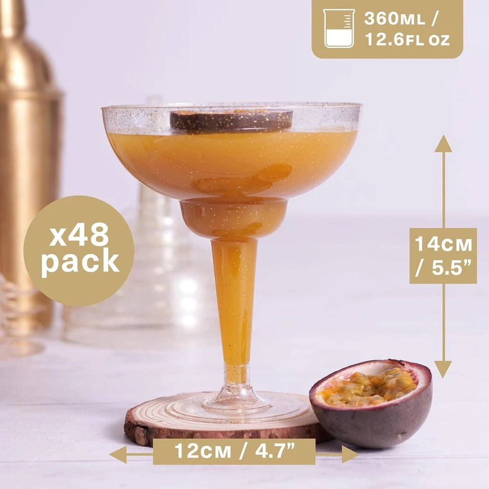 Matana 48 plastikinių kokteilinių taurių su aukso blizgučiais, margarita taurės, plastikinės, 360 ml, daugkartinio naudojimo plastikinės taurės, margarita taurės, kokteilinės taurės, desertinės taurės vakarėliams, vestuvėms