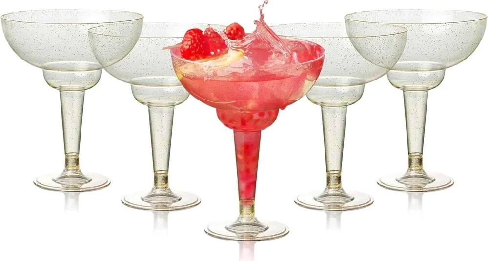 Matana 48 plastikinių kokteilinių taurių su aukso blizgučiais, margarita taurės, plastikinės, 360 ml, daugkartinio naudojimo plastikinės taurės, margarita taurės, kokteilinės taurės, desertinės taurės vakarėliams, vestuvėms