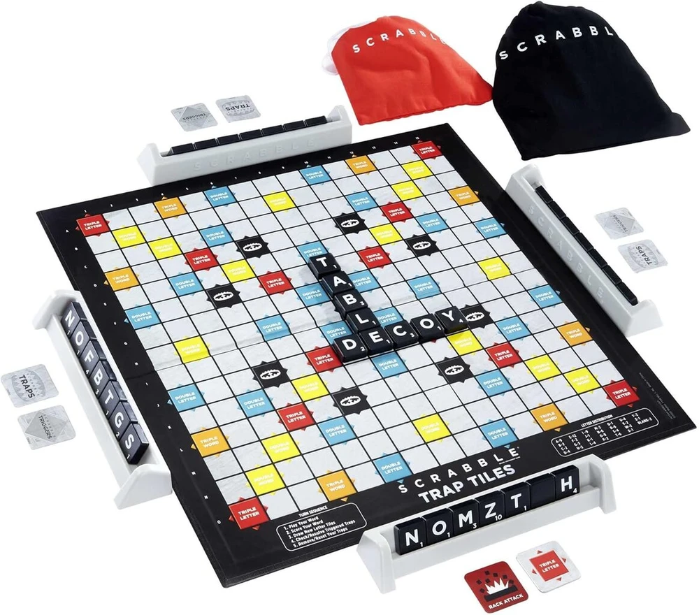 Mattel Games Hlm17 Scrabble Traps Danger (vokiška versija), kryžiažodžių stalo žaidimas, šeimos žaidimas suaugusiems ir vaikams nuo 10 metų