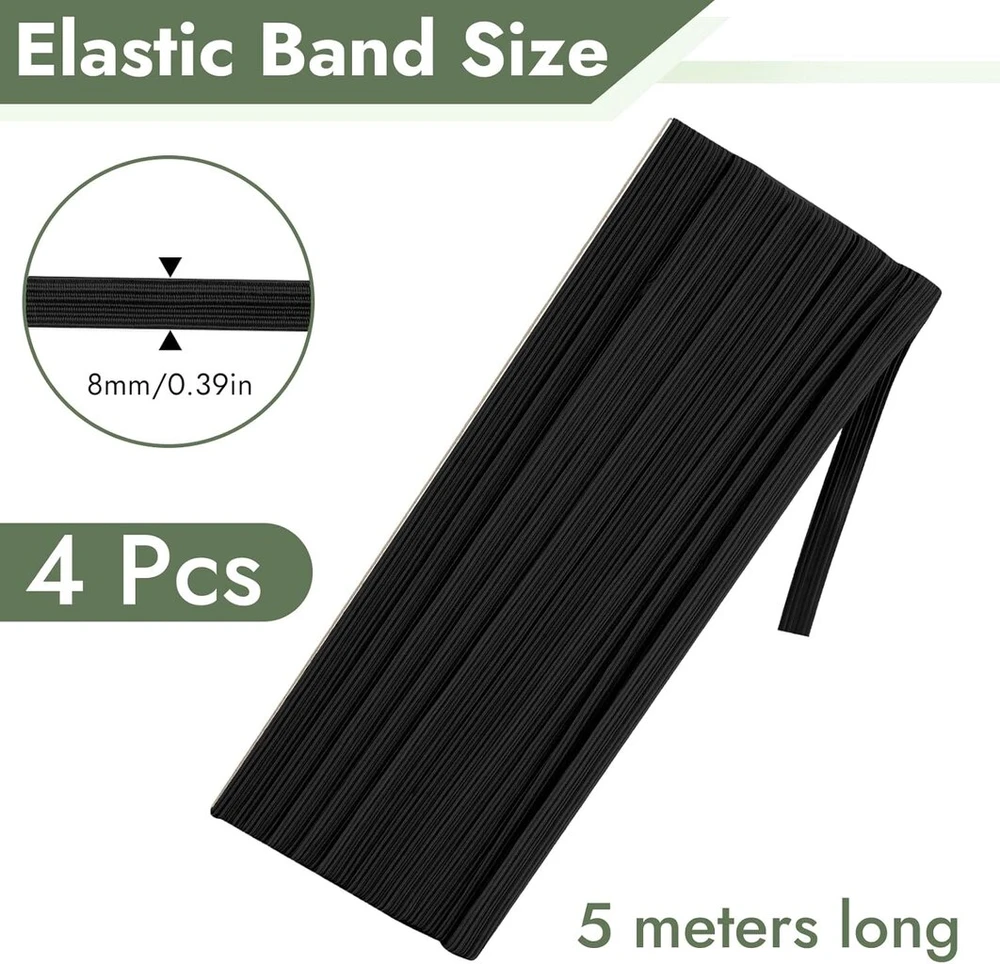 Maxmoc juoda elastinė juosta, 8 mm pločio, 5 m guminių juostų siuvimui, tvirta plokščia guminė juosta, elastinė juosta namų ūkiui, "pasidaryk pats", rankdarbiams, audiniams siuvimui