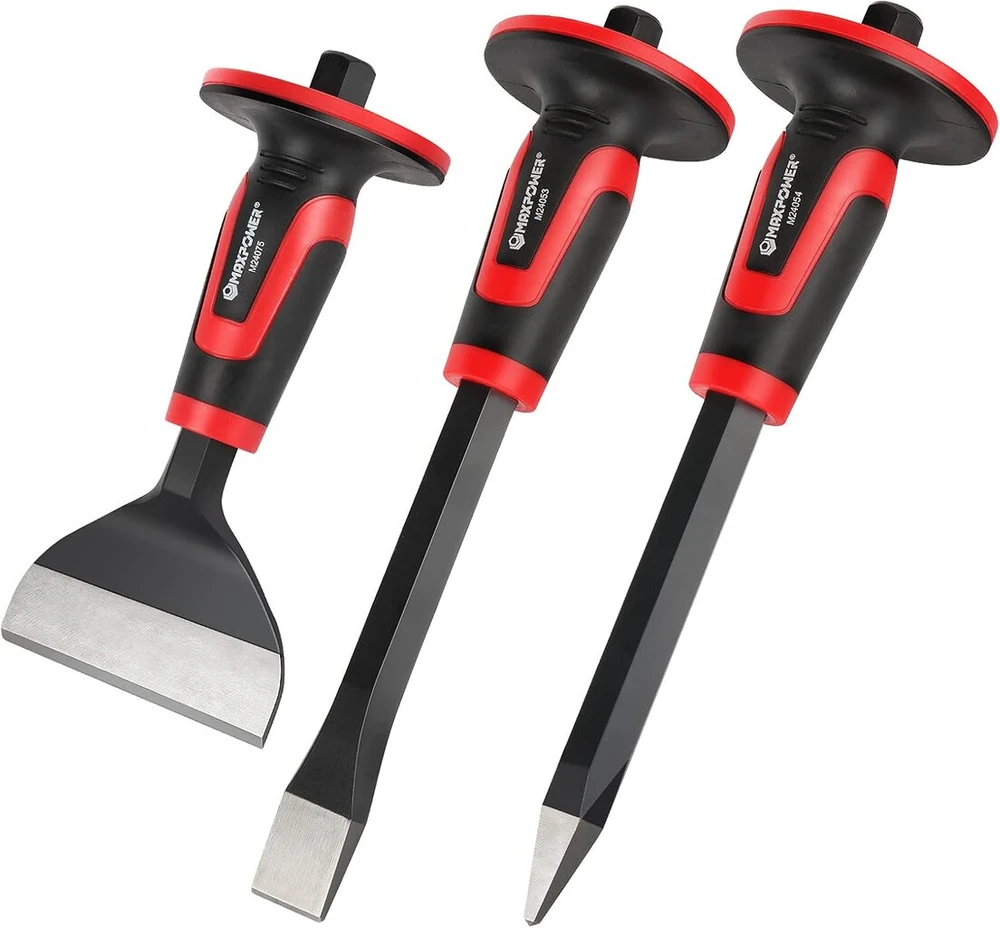 Maxpower rankinių kaltų rinkinys su rankų apsauga, smailus kaltas 30 cm, plokščias tikslusis kaltas 30 x 3 cm, plokščias kaltas 22 x 10 cm, kaltas su ypač plačiu smūgiavimo paviršiumi, rankinis kaltas pagamintas iš legiruotojo plieno