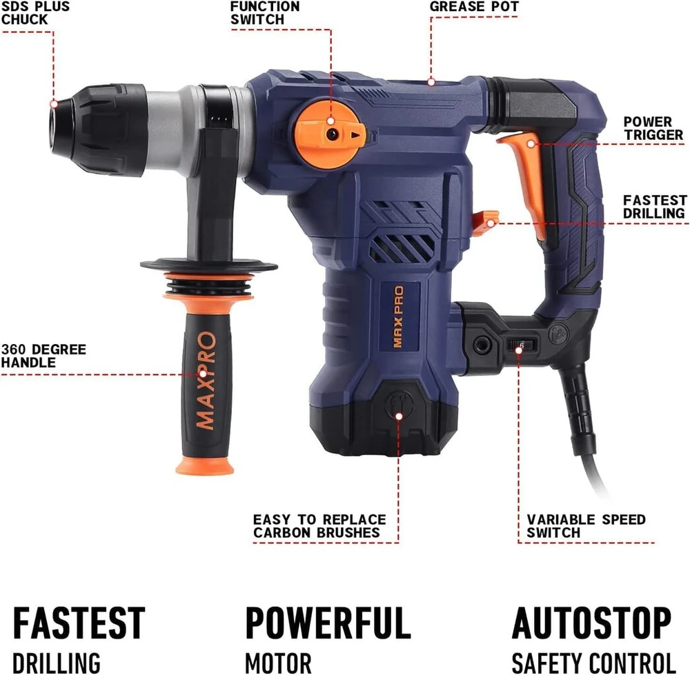 Maxpro sds-plus 1500w elektrinis perforatorius 5.5j 6 greičiai 3 funkcijos antivibracinė technologija gręžimo galia betonui (32mm) metalui (13mm) medžiui (42mm)