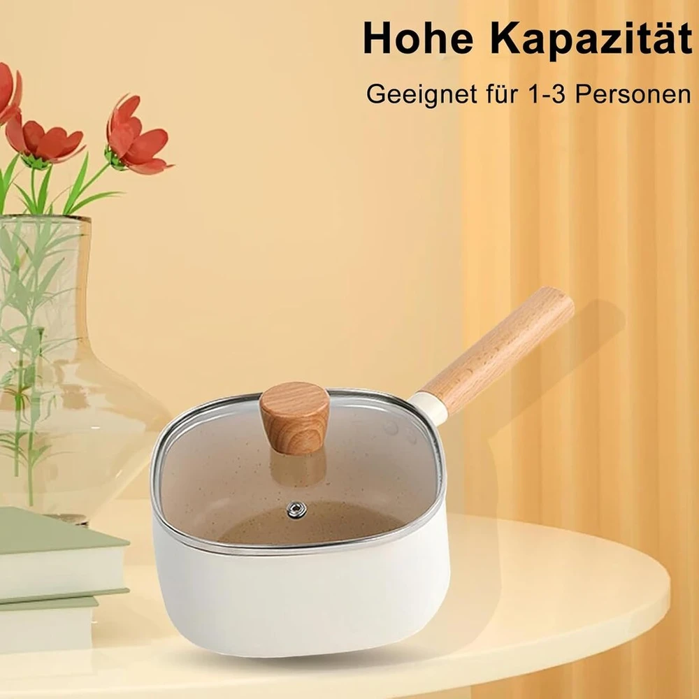 Maxspace puodas, nelipnus aliuminio pieno puodas 18 cm su dangčiu 1.8 l, tinkamas visų tipų viryklėms, sriubos dubuo su medine rankena pienui, sriubai, makaronams (baltas)