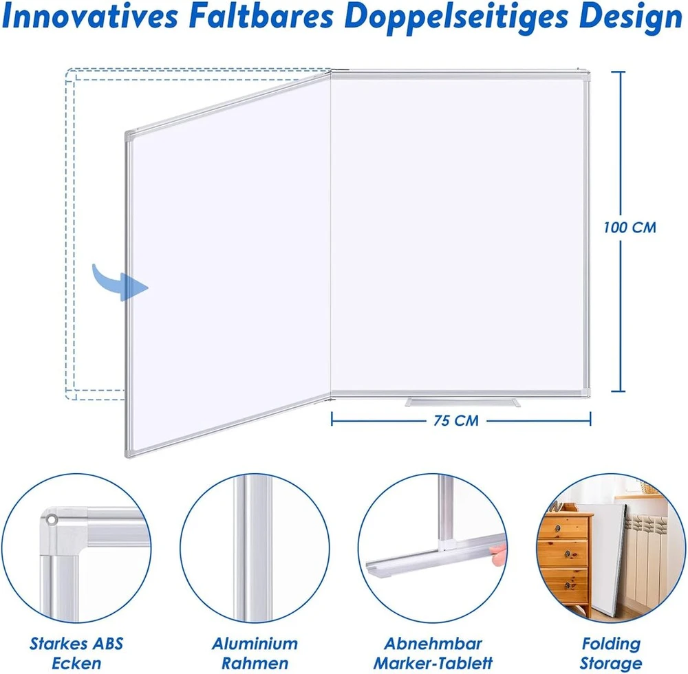 Maxtek magnetinė lenta, 150 x 100 cm, magnetinė lenta su aliuminio rėmu ir nuimamu dėklu, sausai valoma, rašoma iš abiejų pusių, magnetinė skelbimų lenta, tinkama biurui, mokyklai, namams