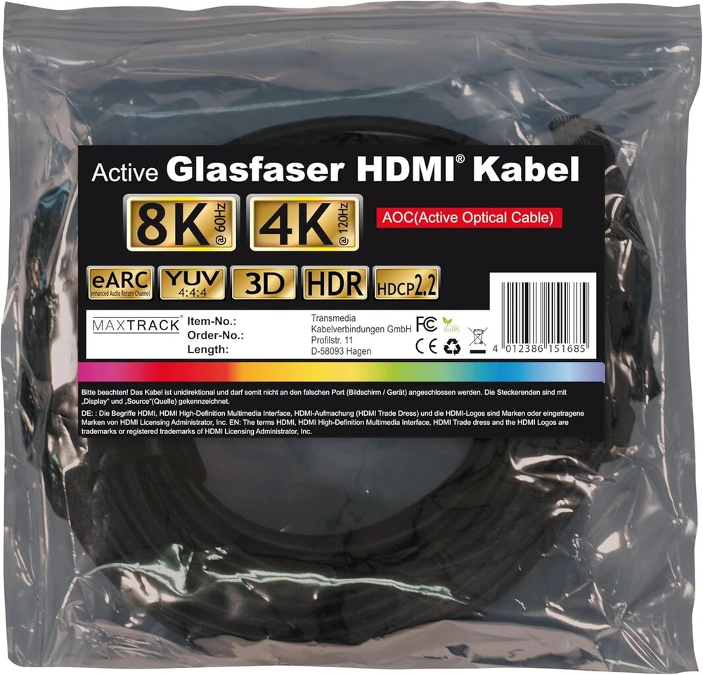 Maxtrack Active Hdmi® šviesolaidinis kabelis C507-50ml - Hdmi 2.1, 8k @ 60hz, 4k @ 120hz, Earc, 3d, Hdr, Hdcp 2.2, Yuv 4:4:4, iki 100 m atstumas