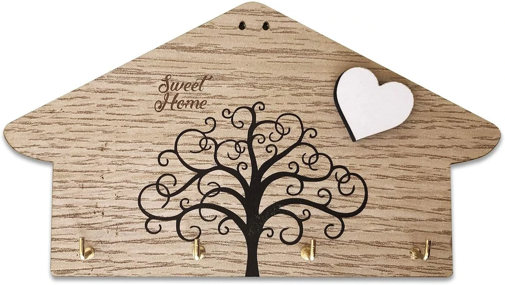 Mdf raktų pakaba su graviruotu tekstu Sweet Home ir Tree of Life, atspausdinta su baltu širdies formos įspaudu, 4 kabliukai, medžio spalvos, dovanos idėja (medis, 4 kabliukai)
