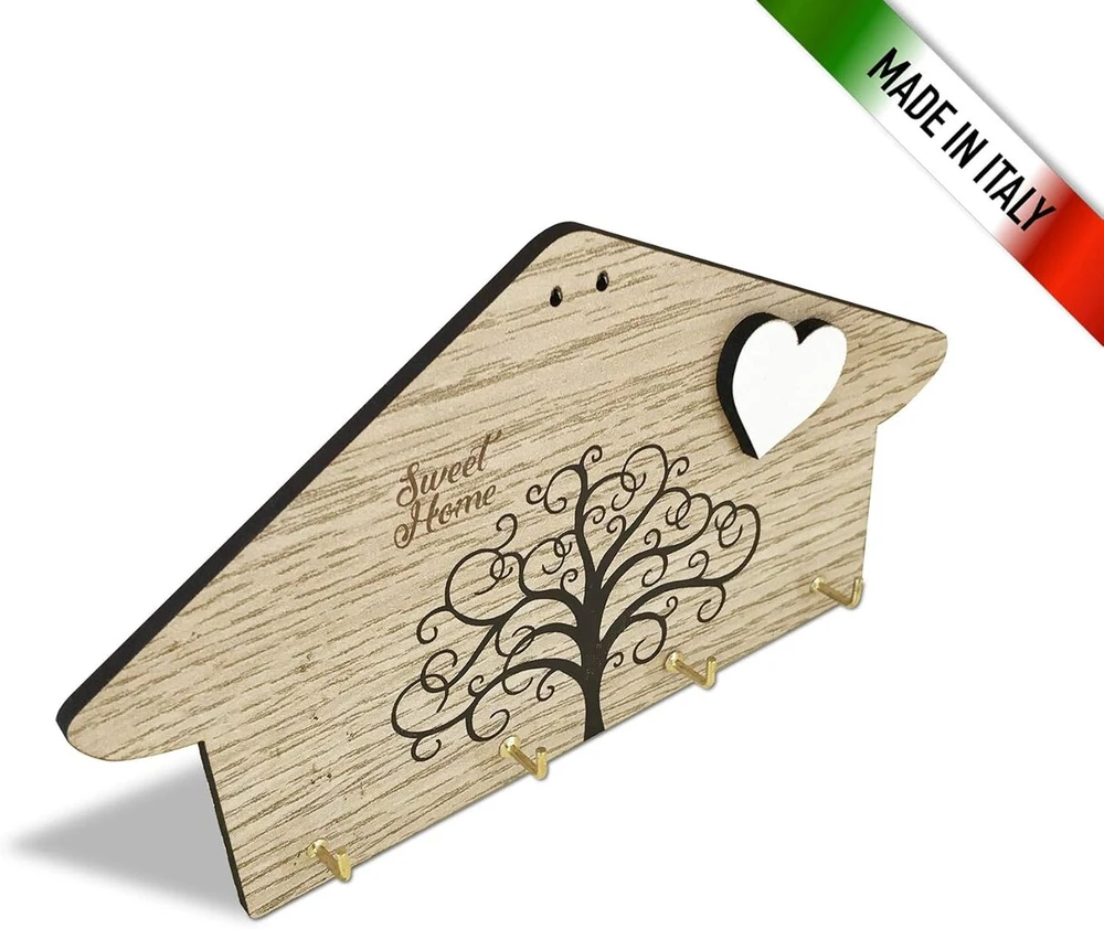 Mdf raktų pakaba su graviruotu tekstu Sweet Home ir Tree of Life, atspausdinta su baltu širdies formos įspaudu, 4 kabliukai, medžio spalvos, dovanos idėja (medis, 4 kabliukai)
