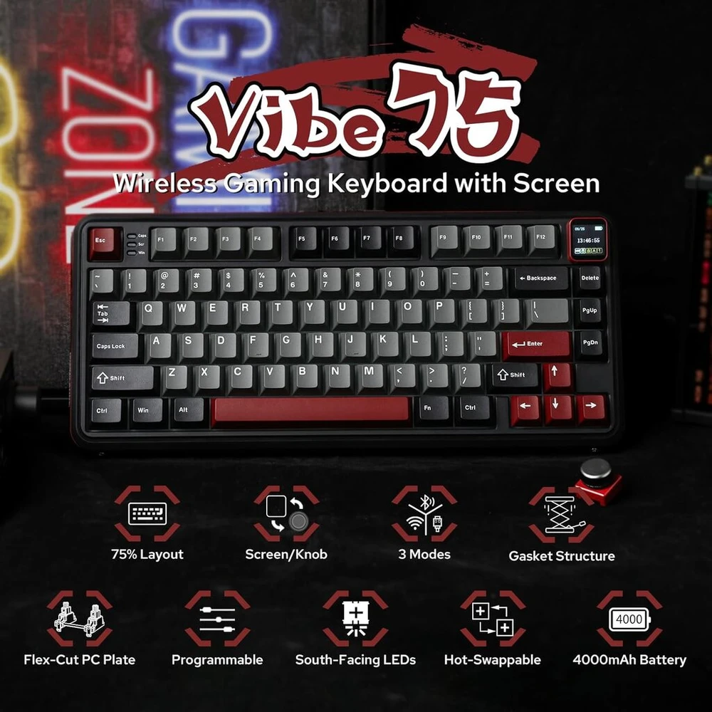 Mechlands Vibe75 75% belaidė žaidimų klaviatūra su ekranu ir valdymo rankenėle, Seal mechaninė klaviatūra