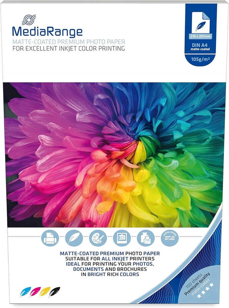 Mediarange 100 lapų A4 formato rašalinio spausdintuvo fotopopierius, matinis, 105 g