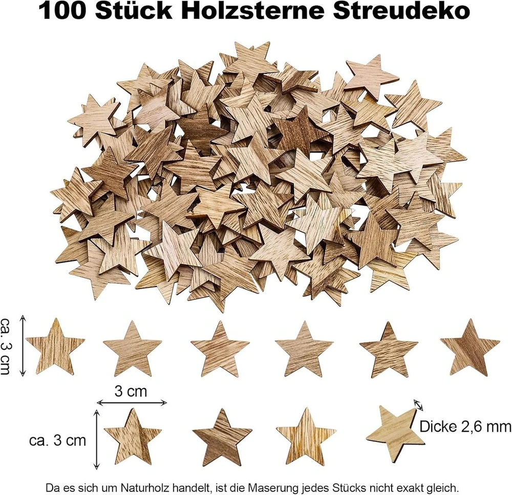 Medinės žvaigždutės dekoravimui, 100 vnt., 3 cm
