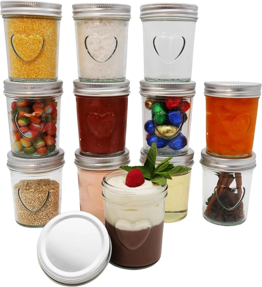 Megusta!® 12 stiklainių konservavimui su užsukamais dangteliais | 200 ml | širdelė stikle | sidabrinis dangtelis | stiklainiai uogienei, desertiniai stiklainiai, stiklainiai kūdikiams, stiklainiai jogurtui | vestuvėms, gimtadieniui
