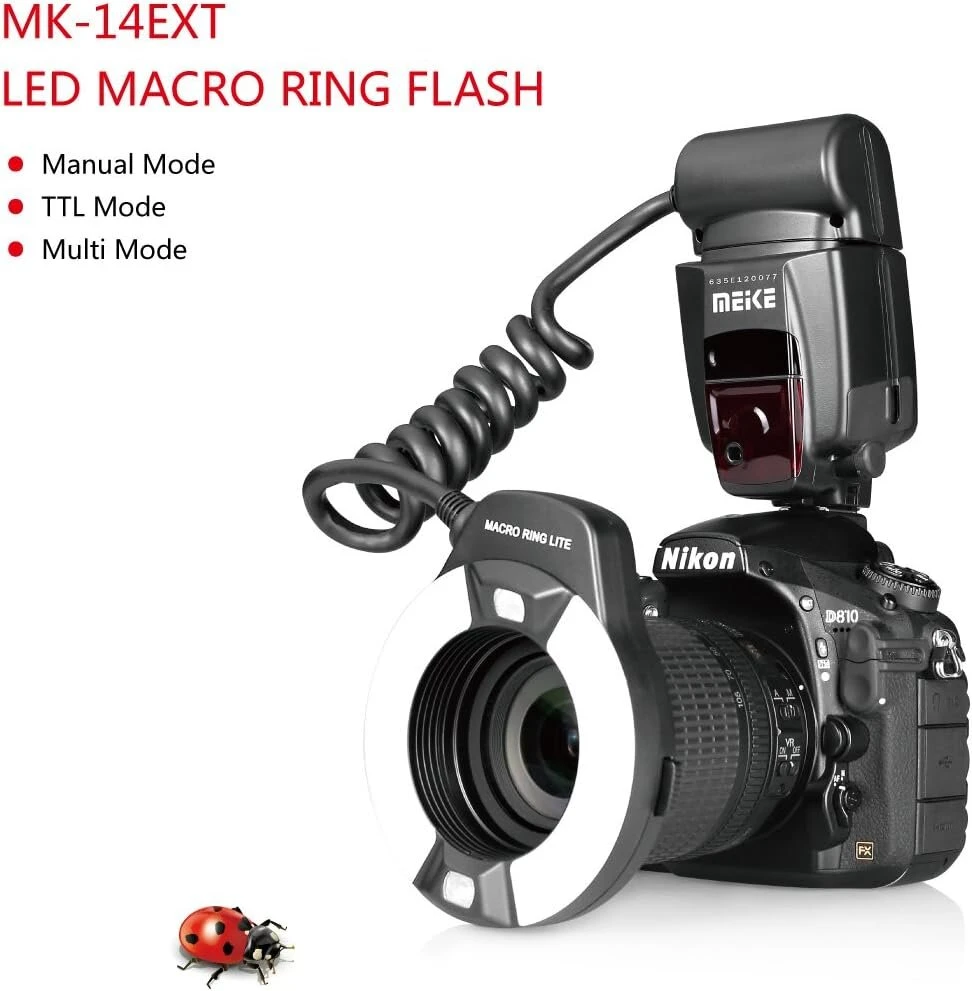 Meike Mk-14ext-n E-ttl Macro Led žiedinė blykstė su Led Af pagalbinė lempute, skirta Nikon Dslr fotoaparatams