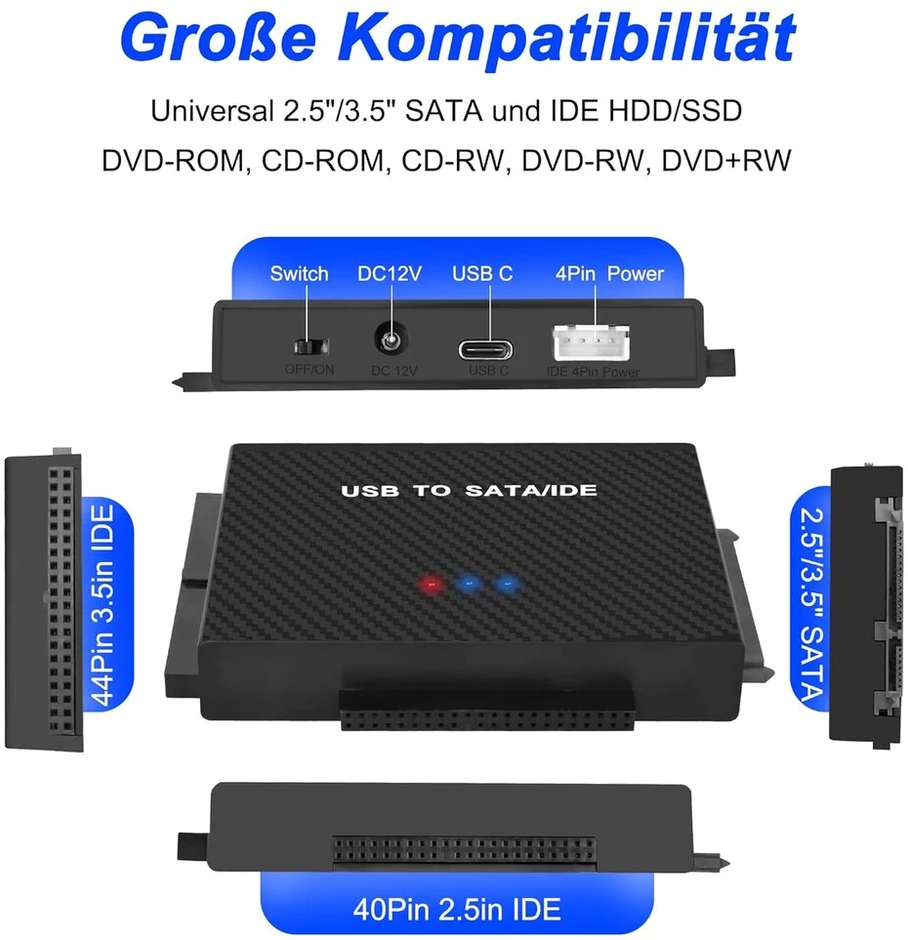 Kietasis diskas Meiriyfa usb 3.0 į sata/ide konverterio adapteris, ide sata į usb + type c išorinio kietojo disko adapterio duomenų perdavimo konverterio rinkinys, skirtas 2,5"/3,5" sata hdd/ssd ir ide hdd su 12v/2a maitinimo šaltiniu