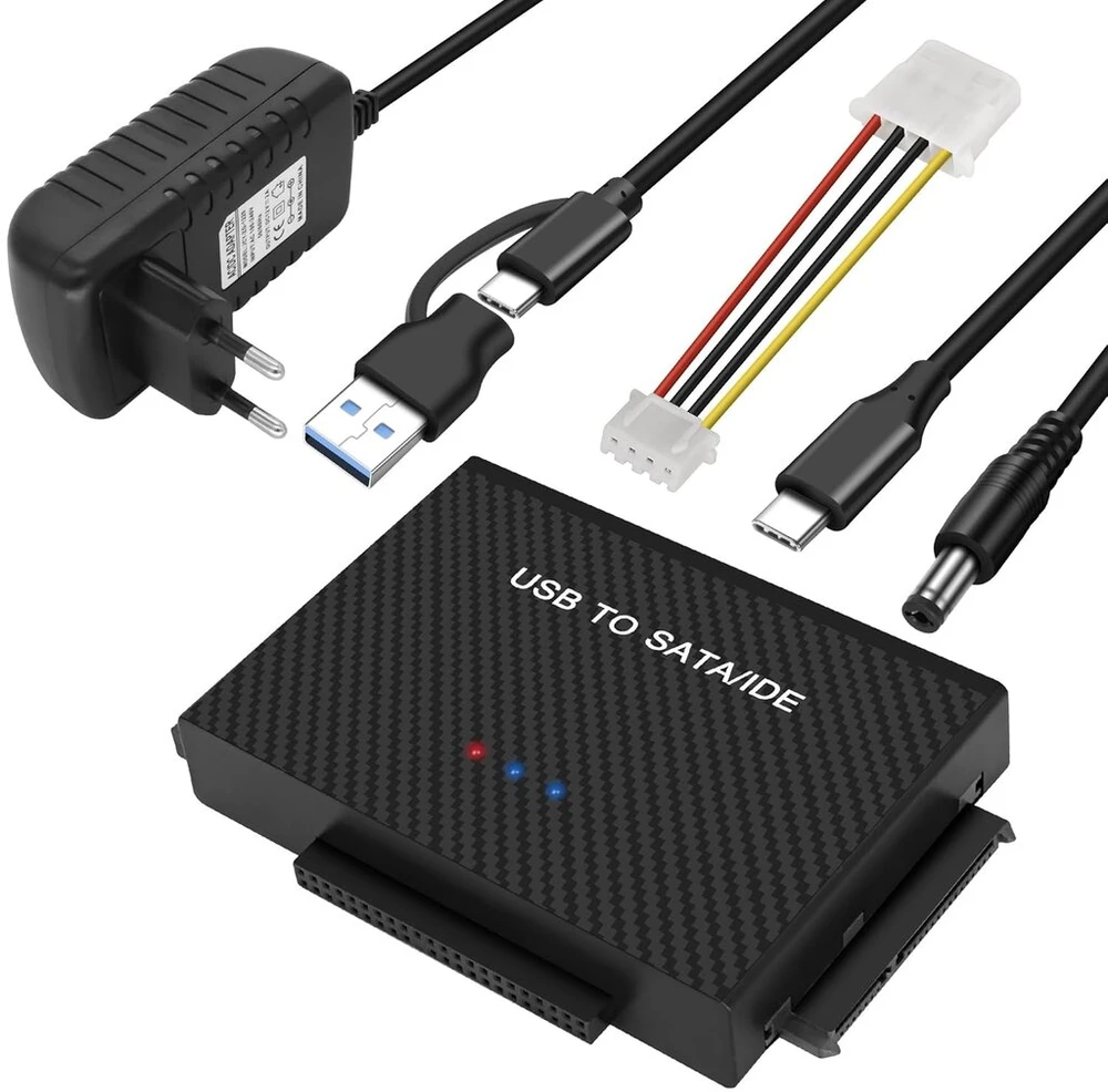 Kietasis diskas Meiriyfa usb 3.0 į sata/ide konverterio adapteris, ide sata į usb + type c išorinio kietojo disko adapterio duomenų perdavimo konverterio rinkinys, skirtas 2,5"/3,5" sata hdd/ssd ir ide hdd su 12v/2a maitinimo šaltiniu