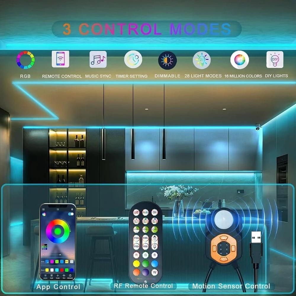 Meiyue led juosta su judesio davikliu 6 m, rgb led juosta su pir judesio davikliu, nuotolinis valdymas ir programėlės valdymas, 3 režimai, muzikos sinchronizavimo bluetooth rgb led juosta lovai, laiptams, miegamajam
