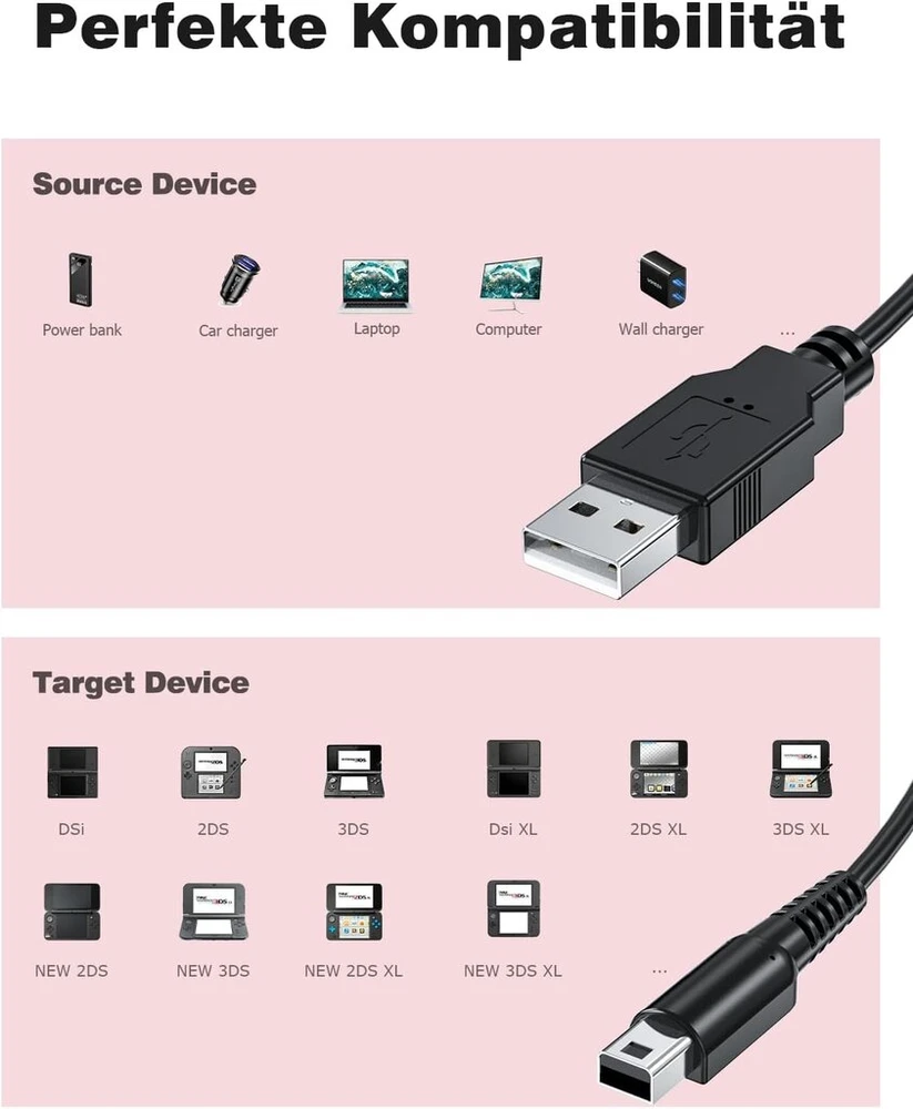 Mellbree įkrovimo laidas, skirtas Nintendo 3ds, įkrovimo laidas, skirtas Nintendo Ds, laidas, skirtas Dsi Ds, laidas, skirtas 3ds Xl/2ds/2ds Xl/ds/dsi/ds Xl Usb A 2.0 įkrovimo laidas 1a juodas 1 vnt. 1,2 m