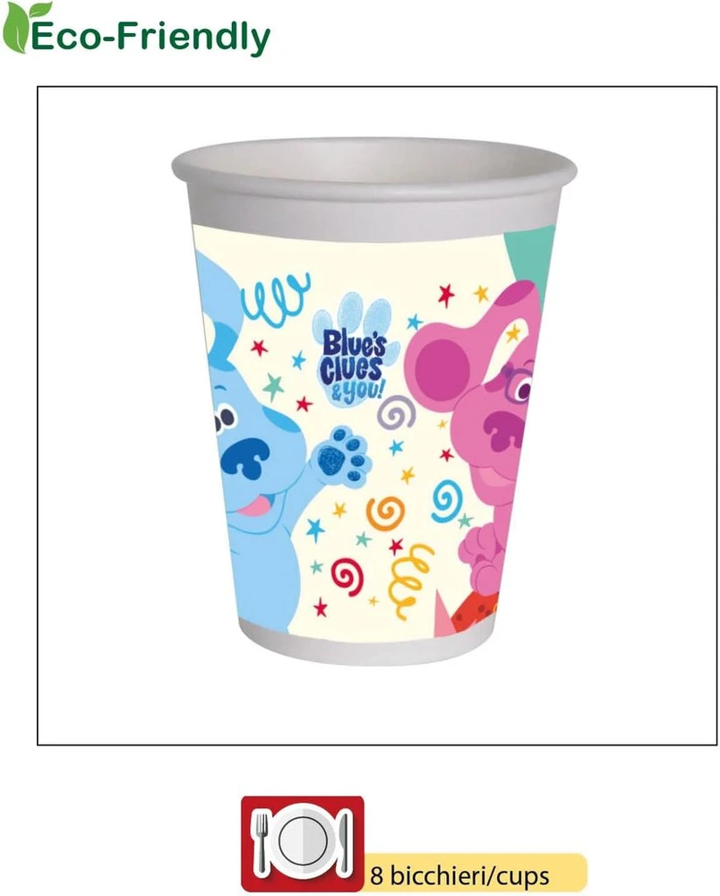 Mėlyna's Clues vakarėlio rinkinys 8 asmenims (44 dalys: 8 popierinės lėkštės, skersmuo 23 cm, 8 popierinės lėkštės, skersmuo 18 cm, 8 puodeliai 250 ml, 20 servetėlių 33 x 33 cm) pagamintas iš kompostuojamo popieriaus