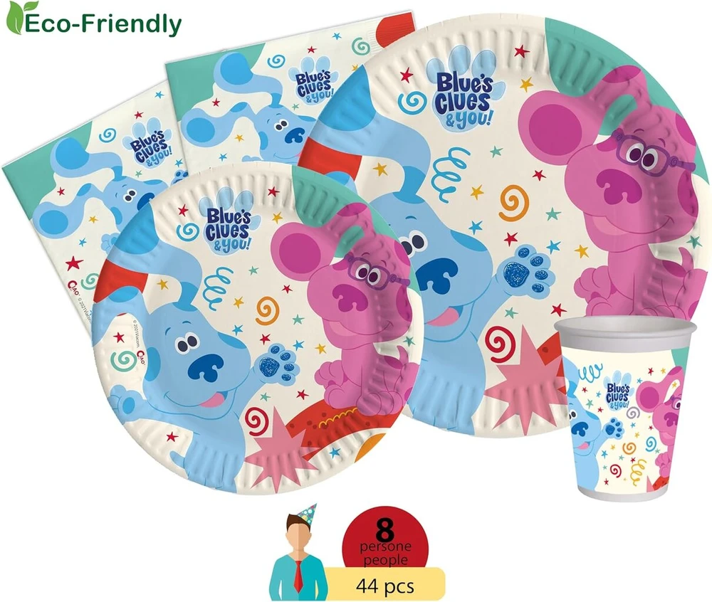 Mėlyna's Clues vakarėlio rinkinys 8 asmenims (44 dalys: 8 popierinės lėkštės, skersmuo 23 cm, 8 popierinės lėkštės, skersmuo 18 cm, 8 puodeliai 250 ml, 20 servetėlių 33 x 33 cm) pagamintas iš kompostuojamo popieriaus