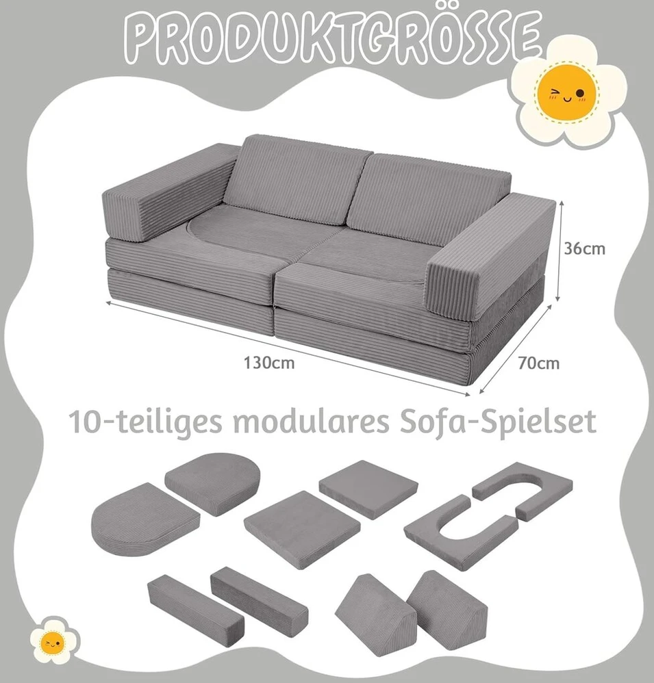 Memorecool žaisminga vaikiška sofa iš velveto – 10 dalių modulinė vaikiška sofa-lova, kordas žaidimų kambariui