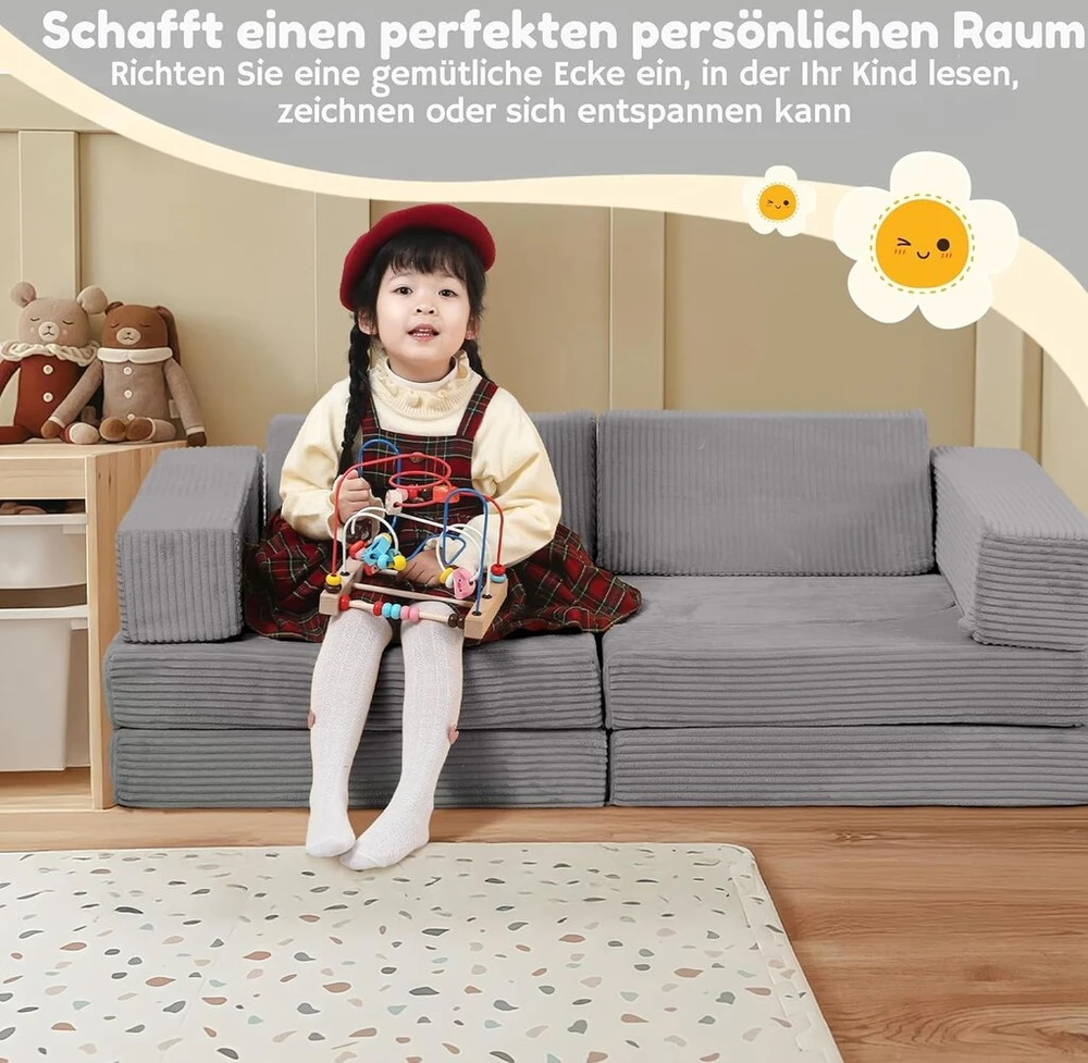 Memorecool žaisminga vaikiška sofa iš velveto – 10 dalių modulinė vaikiška sofa-lova, kordas žaidimų kambariui