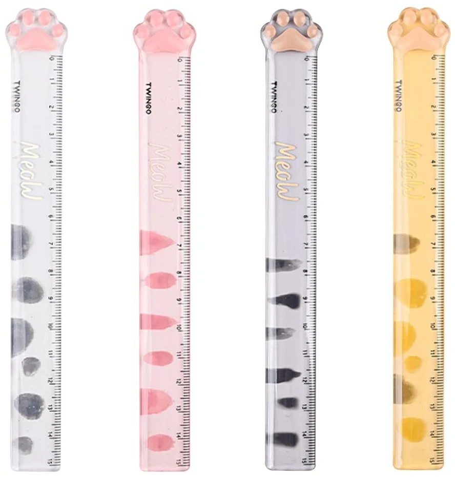 Meow liniuotė, 4 dalių liniuotė, 15 cm, matavimui, pabraukimui ir tikslių linijų brėžimui, katės letenos formos liniuotė, plastikinė liniuotė, matavimo įrankis mokyklai, biurui, namams