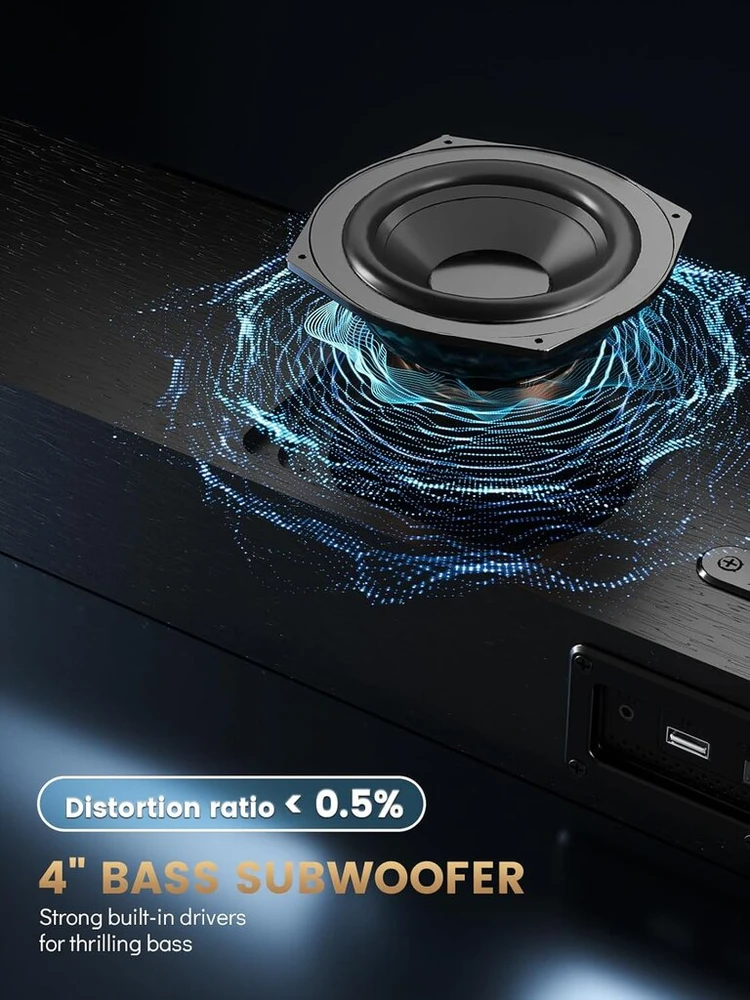 Kompiuterio kolonėlės Meredo medinis soundbar su integruotu žemų dažnių garsiakalbiu 150 W soundbar televizoriams "viskas viename", reguliuojamas aukštų ir žemų dažnių garsas, Arc/optical/aux/bt 5.0 su 5 Eq režimais, namų kinas, 71 cm