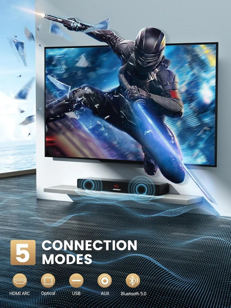 Kompiuterio kolonėlės Meredo medinis soundbar su integruotu žemų dažnių garsiakalbiu 150 W soundbar televizoriams "viskas viename", reguliuojamas aukštų ir žemų dažnių garsas, Arc/optical/aux/bt 5.0 su 5 Eq režimais, namų kinas, 71 cm