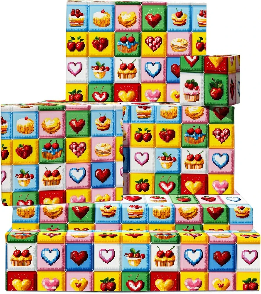 Mergaičių dovanų pakavimo popierius - 6 lapų pakavimo popierius moterims - Pixel Tile raštas - Širdelės - Gimtadienis, mergvakaris, Valentino diena - Perdirbamas - Iš Central 23