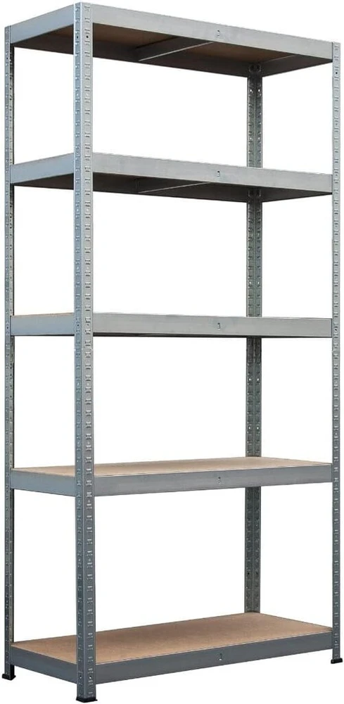 Metalkas Str120nd sandėliavimo lentyna su 5 Hdf plokštėmis, 180 x 75 x 30 cm, lentynos apkrova 120 kg, reguliuojamo aukščio lentynos, didelio patvarumo lentyna, rūsio lentyna, dirbtuvių lentyna, galvanizuotas metalas, sidabrinė
