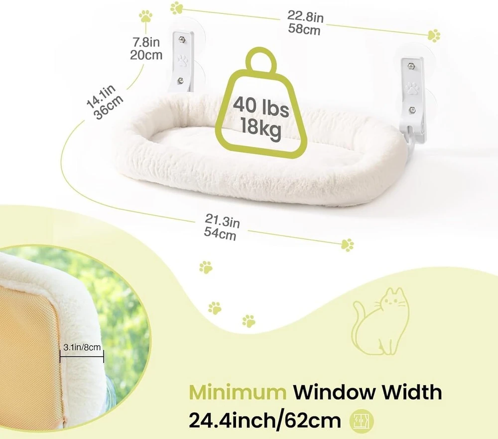 Mewoofun Didelis hamakas katėms, tvirtinamas prie lango, su nuimamu storu užvalkalu - sulankstomas, stabilus, 4 stiprūs siurbtukai, išlaiko 18 kg (baltas, M)