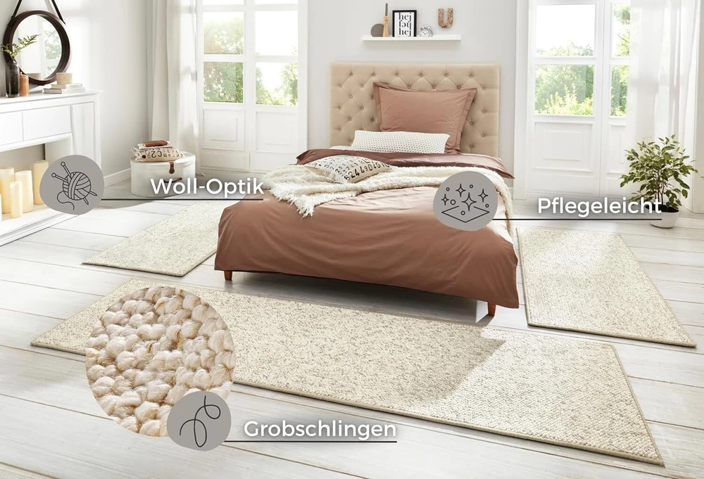 Lova Mia S Teppiche Bt Carpet Casual kilimėlis prie lovos, 3 dalių - kilimėlis prie lovos, bėgimo takelis trumpo plauko Skandi stiliaus vilnos imitacijos bėgimo takelių rinkinys vaikų kambariui, miegamajam, kreminės spalvos, 2 x 67 x 140 cm, 1 x 67 x 250 cm
