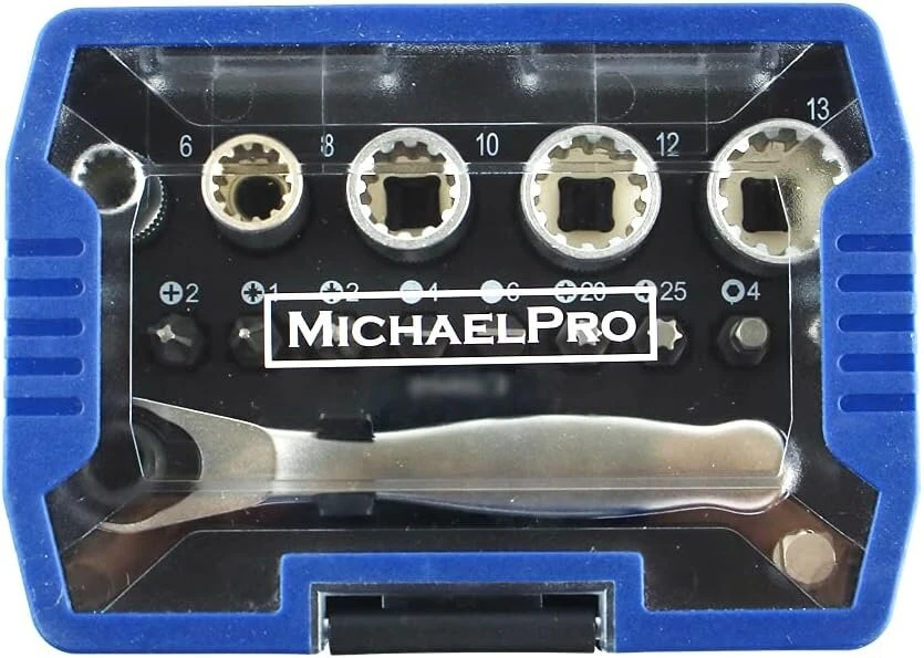 Michaelpro Mp012006 1/4 colio mini reketinis atsuktuvas su dideliu sukimo momentu 17 viename trumpas ketvirtinis reketas su antgaliais, plokščiaisiais ir adapteriu