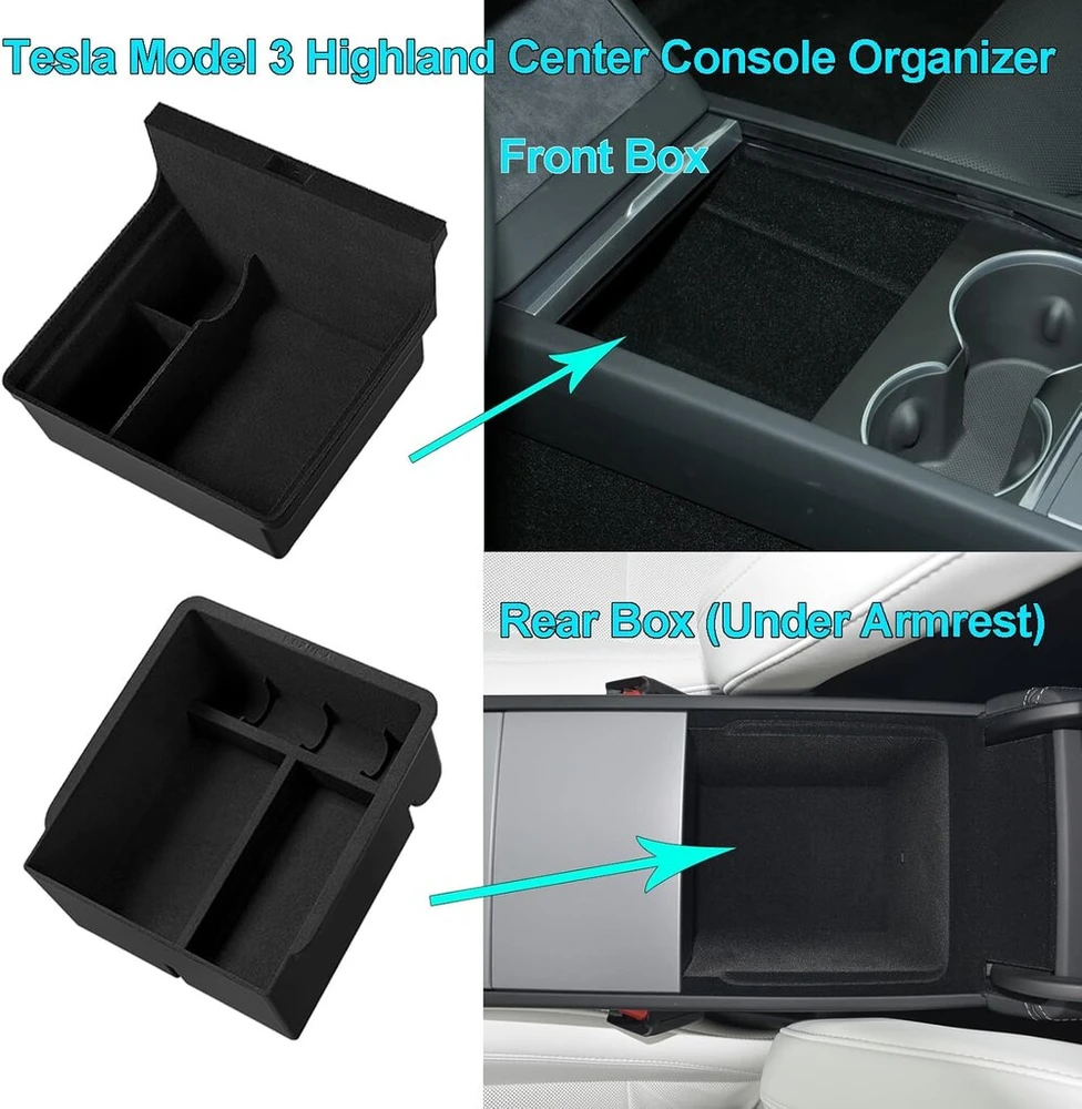 Mieba 2 vnt. priedų, skirtų Tesla Model 3 Highland 2024 2025 Model Y Juniper centrinės konsolės organizatoriaus dėklui, Tesla Model 3 Highland 2024 2025 Model Y Juniper laikymo dėžutei, flokuotas vidus