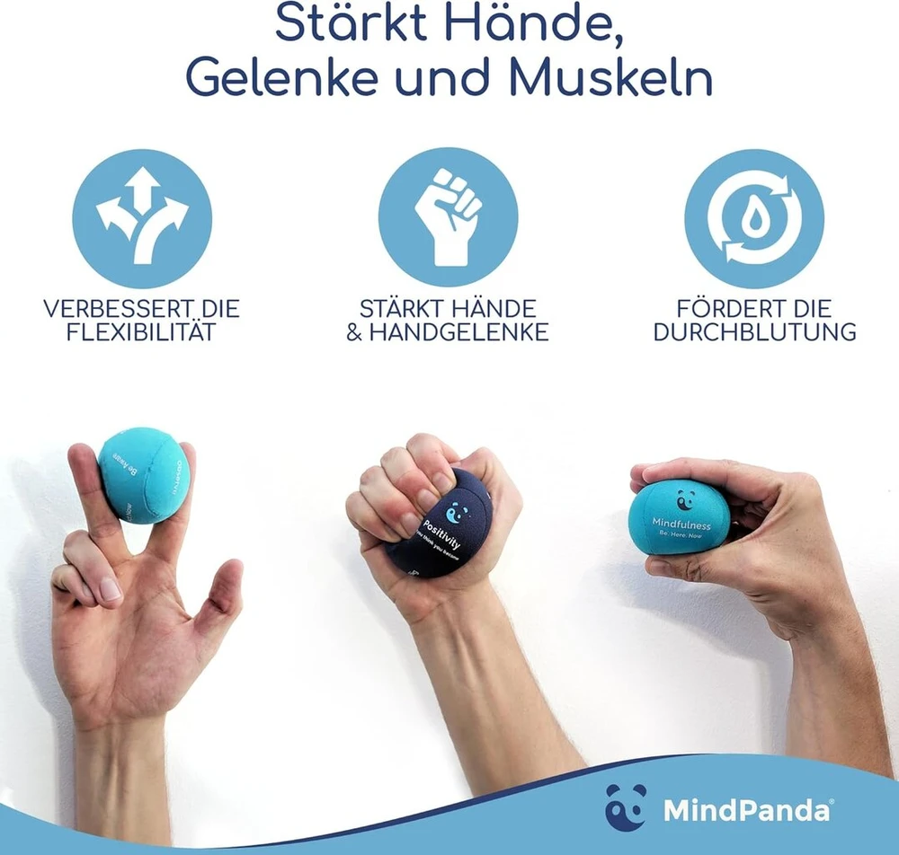 Mindpanda 3 x streso kamuoliukų rinkinys, trijų tankių rankų mankštos terapijai, kvapas papildomam susikaupimui, motyvaciniai teiginiai