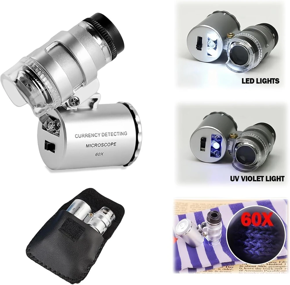 Mini 60x Led mikroskopas kišeninis mikroskopas su Uv valiutos detektoriumi fluorescencinis Led baltos šviesos, juvelyro didinamasis stiklas, reguliuojamas didinamasis stiklas, juvelyro didinamasis stiklas, trichoma